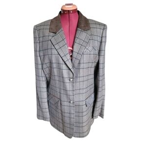 SZ16 Wool Blend Plaid Blazer Faux Suede Collar Trim Brown Jessica Sport Vintage